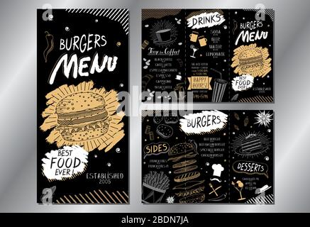 Menu de hamburger vintage/modèle de carte (hamburgers, frites, desserts, boissons) - 3 x DL (3 x 99 x 210 mm) Illustration de Vecteur