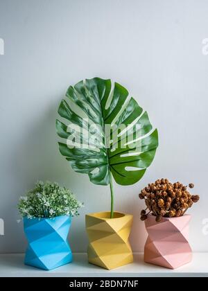 Pot Cactus. Pot en béton. Trois semoirs en béton géométrique moderne bleu, rose et jaune vides avec fleurs, feuilles vertes et fleurs sèches sur bois blanc Banque D'Images