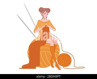 Jolie femme assise sur la grosse boule orange de laine avec aiguille tricotage plate illustration abstraite isolée sur fond blanc Illustration de Vecteur