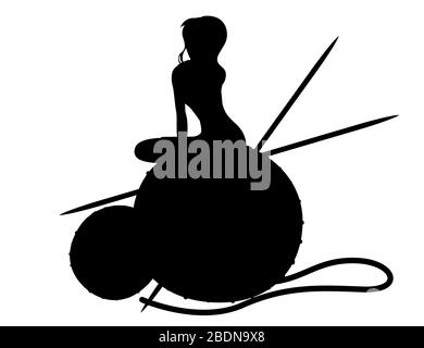 Silhouette noire femme assise sur la grosse boule de laine avec aiguille tricotage plate illustration abstraite isolée sur fond blanc Illustration de Vecteur