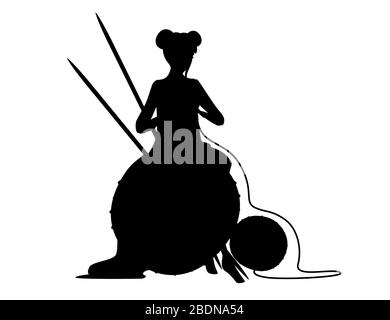 Silhouette noire femme assise sur la grosse boule de laine avec aiguille tricotage plate illustration abstraite isolée sur fond blanc Illustration de Vecteur