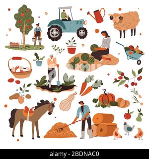 Les agriculteurs qui s'occupent de plantes et d'animaux à la ferme Illustration de Vecteur
