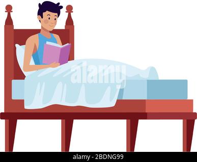 Young man reading book in bed Illustration de Vecteur