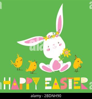 Carte de pâques printemps vecteur avec lapin et poussins Illustration de Vecteur