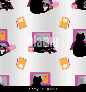 Mignon chat de dessin animé dormant sur ordinateur portable vecteur sans couture modèle arrière-plan. Félin interrompant le travail au bureau d'affaires. Motifs à la main sur rayures Illustration de Vecteur