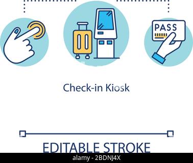 Icône de concept de kiosque d'enregistrement. Illustration de la ligne fine de l'idée du terminal en libre-service de l'aéroport. Panneau sur pied pour l'enregistrement des bagages. vecteur de bagages Illustration de Vecteur