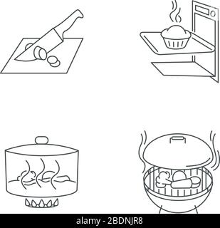 Méthodes de cuisson pixels Perfect icônes linéaires définies. Symboles de contour fin personnalisables pour couper, cuire, coudre et griller. Contour vectoriel isolé Illustration de Vecteur
