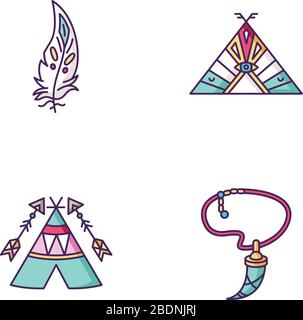 Accessoires indiens natifs couleurs RVB jeu d'icônes. Tipi en chef de tribu. Collier avec dent, plume d'aigle. Wigwam avec flèches et ethniques Illustration de Vecteur