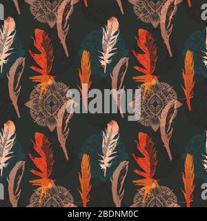 Motif sans couture avec plumes et mandalas, vintage, fond grunge. Parfait pour l'impression sur tissu, papier d'emballage, etc Banque D'Images