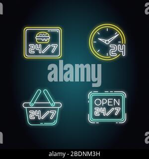 jeu d'icônes d'éclairage néon 24 heures sur 24. Café de hamburgers ouvert tous les jours. restaurant disponible 24 heures sur 24. Ouvert vingt-quatre sept heures. Panneaux avec lurage extérieur Illustration de Vecteur
