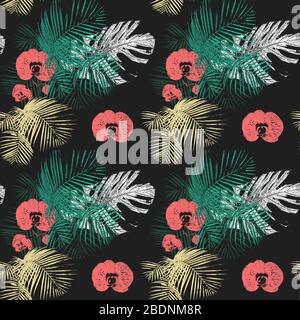 Motif sans couture avec feuilles de palmiers tropicales, orchidées, vintage, fond grunge. Parfait pour l'impression sur tissu, papier d'emballage, etc Banque D'Images