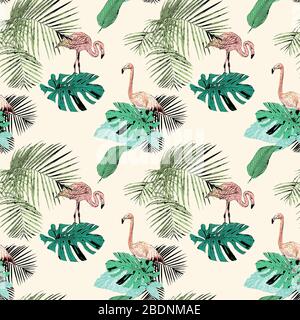 Motif sans couture avec palmiers tropicaux et flamants roses, vintage, fond grunge. Parfait pour l'impression sur tissu, papier d'emballage, etc Banque D'Images