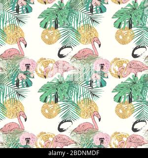 Motif sans couture avec palmiers tropicaux, flamants roses et paillettes dorées, vintage, fond grunge. Parfait pour l'impression sur tissu, papier d'emballage, etc Banque D'Images