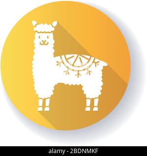 Icône de glyphe d'ombre longue à motif plat jaune alpaga. Lama wolly mignon domestiquée péruvienne. Animal de ruminants à sabots des Andes. Un mammifère drôle comme un chameau Illustration de Vecteur