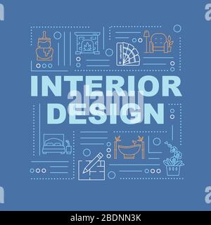 Bannière de concepts de mot de design intérieur. Décoration créative de la chambre. Service d'architecte. Infographies avec icônes linéaires sur fond bleu foncé. Isolé Illustration de Vecteur