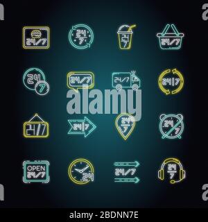 jeu d'icônes d'éclairage néon 24 heures sur 24. Burger café ouvert toute la journée. 24 heures de livraison disponible. Service d'assistance 24 heures sur 24. Panneaux avec lurage extérieur Illustration de Vecteur