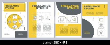 Modèle de brochure Studio Freelance. Travailler sans fil depuis un ordinateur portable. Brochure, livret, impression de brochure, couverture avec icônes linéaires. Mises en page vectorielles pour Illustration de Vecteur