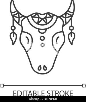 Icône linéaire parfaite de pixel de tête de bétail tribal. Crâne de vache avec plume. Illustration personnalisable en ligne fine. Symbole de contour. Contour isolé vectoriel Illustration de Vecteur