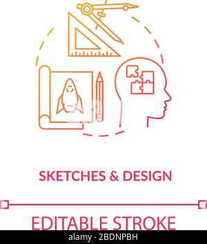 Esquisse d'artisans et icône de concept de conception. La paperasserie, les concepteurs travaillent à la préparation d'une illustration de ligne mince. Planification de la formation, étape du processus de conception. Vecteur Illustration de Vecteur