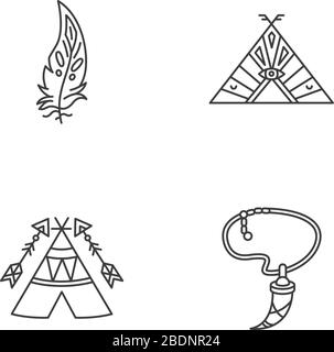 Accessoires indiens natifs pixels Perfect icônes linéaires ensemble. Wigwam avec flèches et ornements. Symboles de contour de ligne mince personnalisables. Isolé Illustration de Vecteur