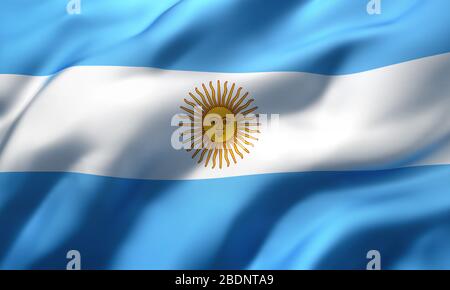 Drapeau de l'Argentine soufflant dans le vent. Drapeau de vol argentin pleine page. Illustration tridimensionnelle. Banque D'Images