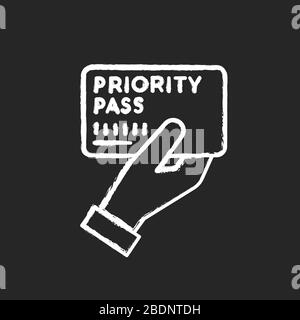 Icône blanche craie passe prioritaire sur fond noir. Billet d'embarquement pour le vol en avion. Document VIP pour le service aux passagers. Carte Club à prouver Illustration de Vecteur