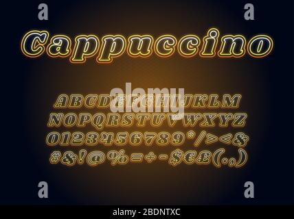 Modèle de police cappuccino au néon. Jeu d'alphabet vectoriel lumineux jaune. Lettres majuscules, chiffres et symboles lumineux avec effet brillant extérieur Illustration de Vecteur