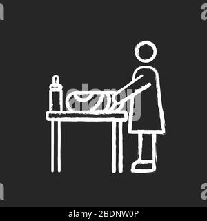 Modification de l'icône de tableau blanc craie sur fond noir. Couches de changement de mère pour bébé. Soignant avec enfant. Bureau de pépinière dans les toilettes pour les parents et Illustration de Vecteur