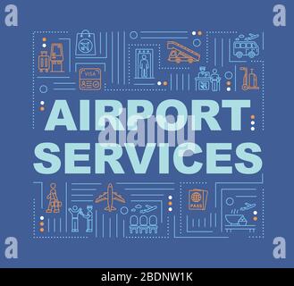 Airport services mot concepts bannière. Vols commerciaux, infographies de voyage d'avion avec icônes linéaires sur fond bleu. Typographie isolée Illustration de Vecteur