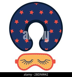 Masque de sommeil et icône vectorielle d'oreiller à col de voyage isolée sur fond blanc. Accessoires de couchage orange et bleu à motif plat pour un sommeil endormi Illustration de Vecteur