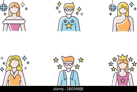 Jeux d'icônes de couleurs RVB célèbres. Acteurs féminins et masculins célèbres. Talent show Star. Animateur réussi. Idole élégante. Super Star populaire Illustration de Vecteur