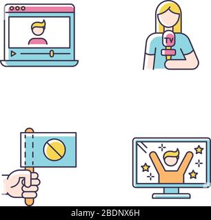 Jeu d'icônes de couleur RVB de diffusion. Regarder vlog sur l'ordinateur portable. Journaliste diffusant des nouvelles. Protestation militante. Star de la télé réalité. Vidéo vlogger. Social Illustration de Vecteur