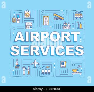 Airport services mot concepts bannière. Vols commerciaux, infographies du transport aérien avec icônes linéaires sur fond bleu. Isolé Illustration de Vecteur