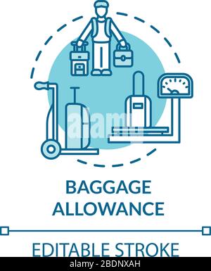 Icône de concept de franchise bagages. Illustration en ligne fine de l'idée de contrôle des bagages à main et à main. Taille et poids maximum des sacs. Contour isolé vectoriel Illustration de Vecteur