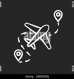 Icône blanche craie d'itinéraire d'avion sur fond noir. Destination du plan avec pointeur GPS. Moyen de voyage avec l'avion. Chemin de la compagnie aérienne avec ligne pointillée Illustration de Vecteur