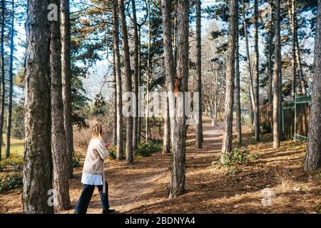 Femme regardant un écureuil sur un arbre dans une forêt Banque D'Images