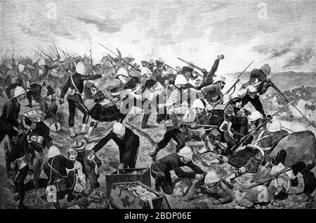 BATAILLE DE MAJUBA HILL 26-27 FÉVRIER 1881. Les troupes britanniques sous le major-général George Colley prennent Majuba Hill, près de Volksrust, en Afrique du Sud, pour mettre fin à la première guerre des Boers. Dessiné par Richard Woodville Jr pour l'ILN. Banque D'Images