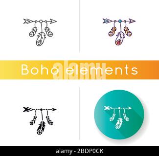Flèche et plumes dans l'icône de style boho. Symbole mystique indien natif. Accessoire vintage bohémien. Décoration ethnique. Couleur linéaire noir et RVB Illustration de Vecteur