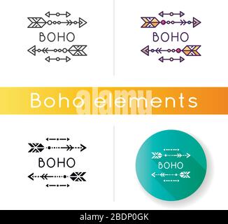 Icône flèches esthétiques Boho. Accessoire de style bohémien et hippie. Décoration d'intérieur ethnique, charme tribal, symbole d'esprit sauvage et libre. Linéaire noir et Illustration de Vecteur
