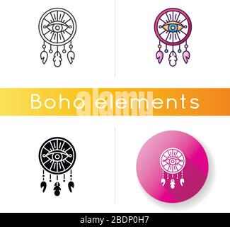 dreamcatcher de style boho avec toutes les icônes de vue. Symbole mystique indien natif. Le charme du rêve. Décor ethnique fait main. Linéaire noir et Illustration de Vecteur