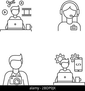 Les icônes linéaires Perfect pixel des travailleurs distants sont définies. Éditeur vidéo, photographe, développeur d'applications mobiles. Symboles de contour de ligne mince personnalisables Illustration de Vecteur