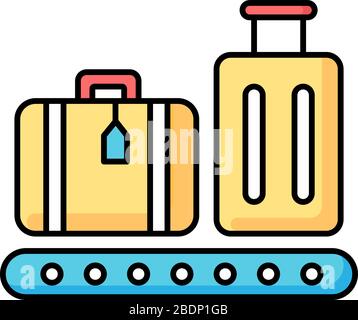 Icône couleur RVB des bagages sur le tapis roulant. Bagages avec étiquettes sur le carrousel. Point de contrôle du terminal de l'aéroport pour les sacs. Valises perdues du vol en avion Illustration de Vecteur