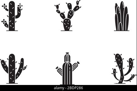 Les icônes de glyphe noir du cactus sont définies sur l'espace blanc. Plantes du désert américain avec des troncs charnus. Famille des Cactaceae. Différents succulents. Silhouette Illustration de Vecteur