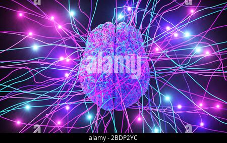 Cerveau humain composé de fils colorés entourés de fils neuraux Banque D'Images