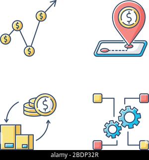 Économie de pays et budget icônes de couleur RVB définies. Produit intérieur brut, tri et développement de l'industrie. Tarifs et balance des paiements. Isolé Illustration de Vecteur