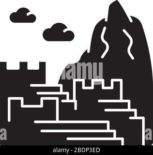 Icône de glyphe noir Machu picchu. Citadelle Inca dans les montagnes. Attractions touristiques Cusco. Vallée sacrée en Cordillère orientale. Symbole silhouette sur blanc Illustration de Vecteur