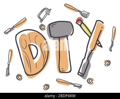 Illustration du travail du bois bricolage Lettering avec burins, crayon de marquage, maillet et scie à main Banque D'Images