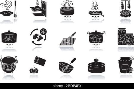 Jeu d'icônes de glyphe noir à ombre portée de la cuisson. Différentes méthodes de préparation des aliments, diverses techniques culinaires. Ingrédients et ustensiles de cuisine Illustration de Vecteur