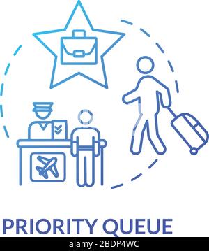 Icône de concept de file d'attente prioritaire. Exemple de vol de classe de luxe à fines lignes. Contrôle des passeports, accès pour les passagers VIP. Contour RVB isolé vectoriel Illustration de Vecteur