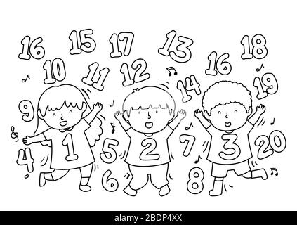 Page de coloriage Illustration des enfants danse avec des nombres de un à vingt Banque D'Images